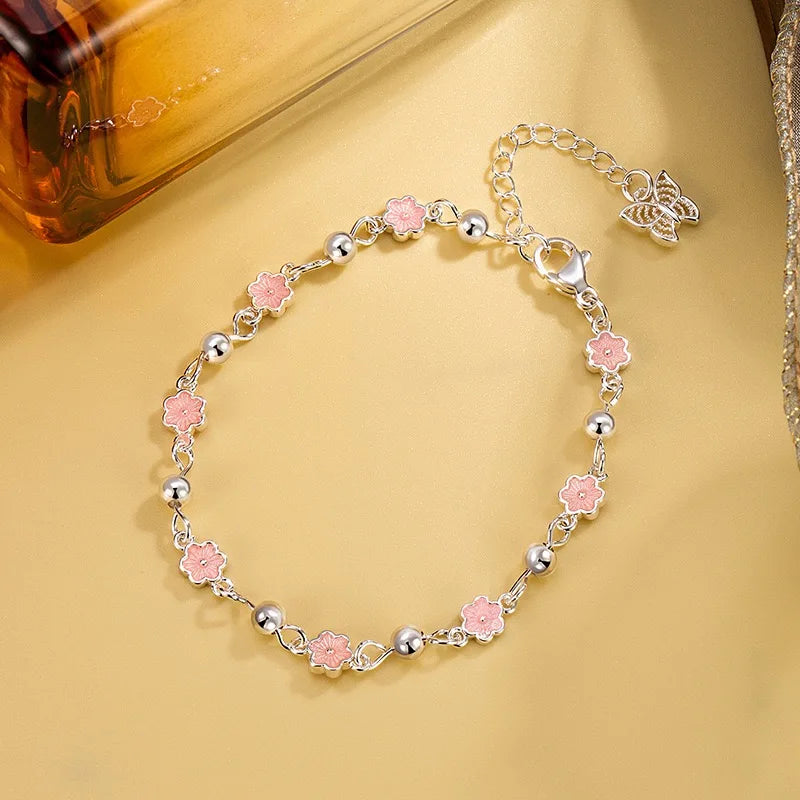 925 Sterling Silver Bracelets for Women Men String Accessories Trend Pink Flower Beads Pendant Party Jewelry Gift