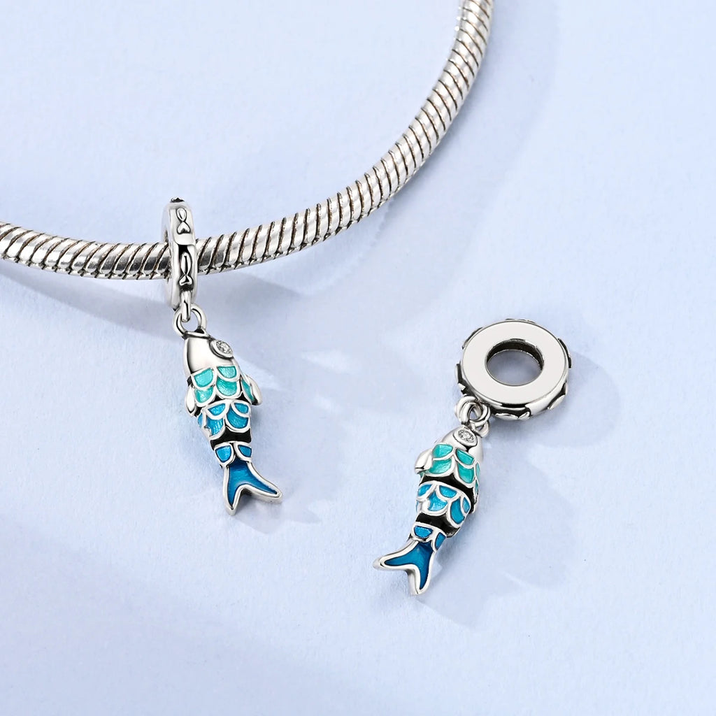 925 Sterling Silver Blue Enamel Fish CZ Charm Fit Women DIY Bracelet Necklace Fashion Jewelry Ocean Animal Pendant Gift