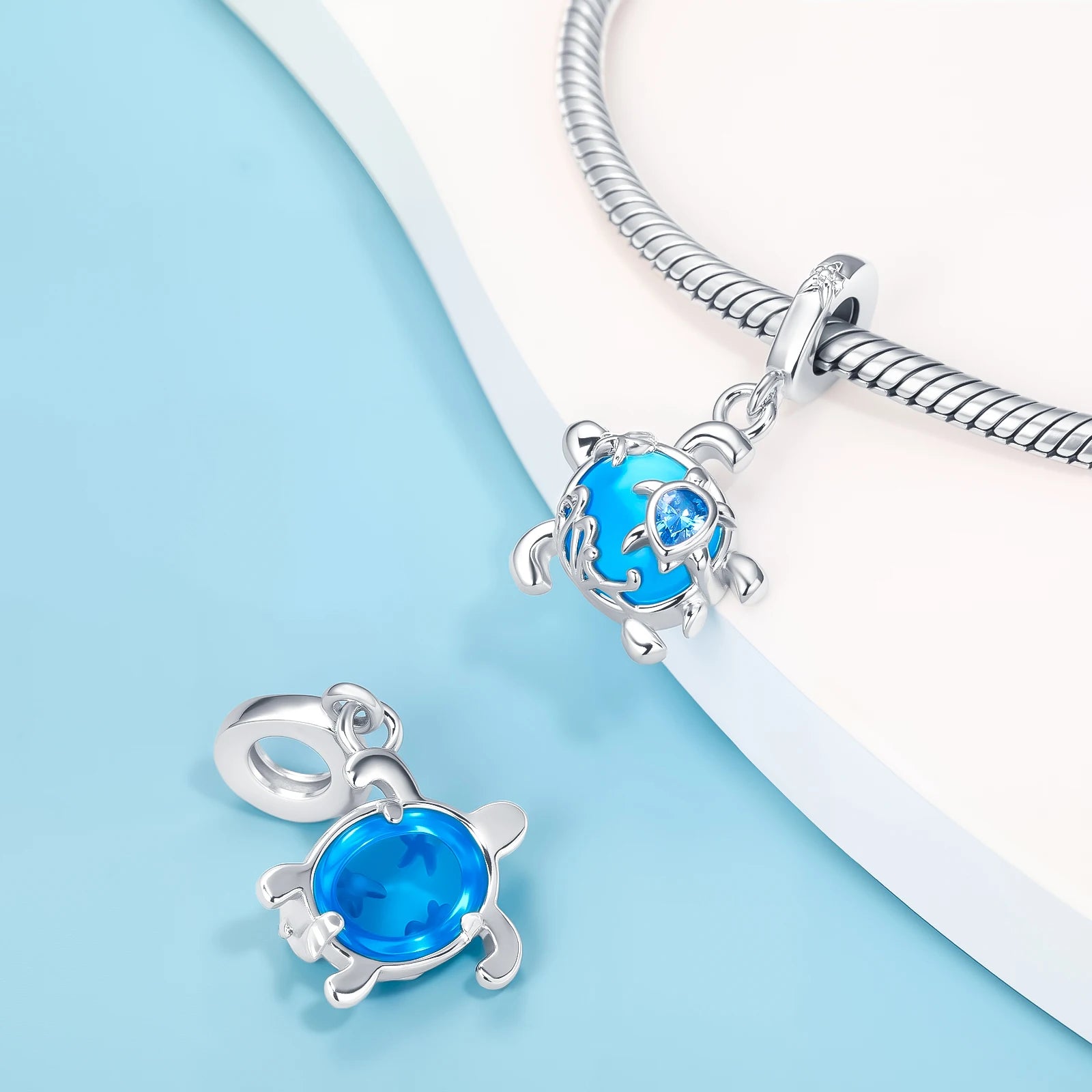 925 Sterling Silver Ocean Blue Gradient Turtle Dangle Charm Starfish Pendant Bead Fit Bracelet Summer Beach Travel Jewelry Gift