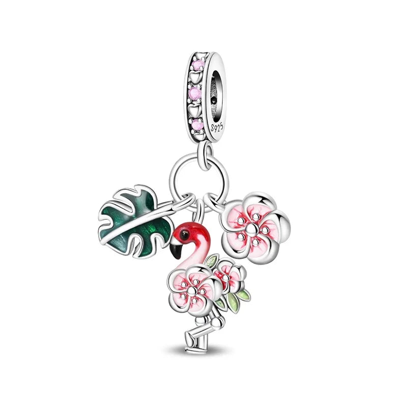 925 Sterling Silver Flamingo Flowers Charms Pendant For Women Fit Original Bracelet DIY Birthday Party Jewelry Gifts