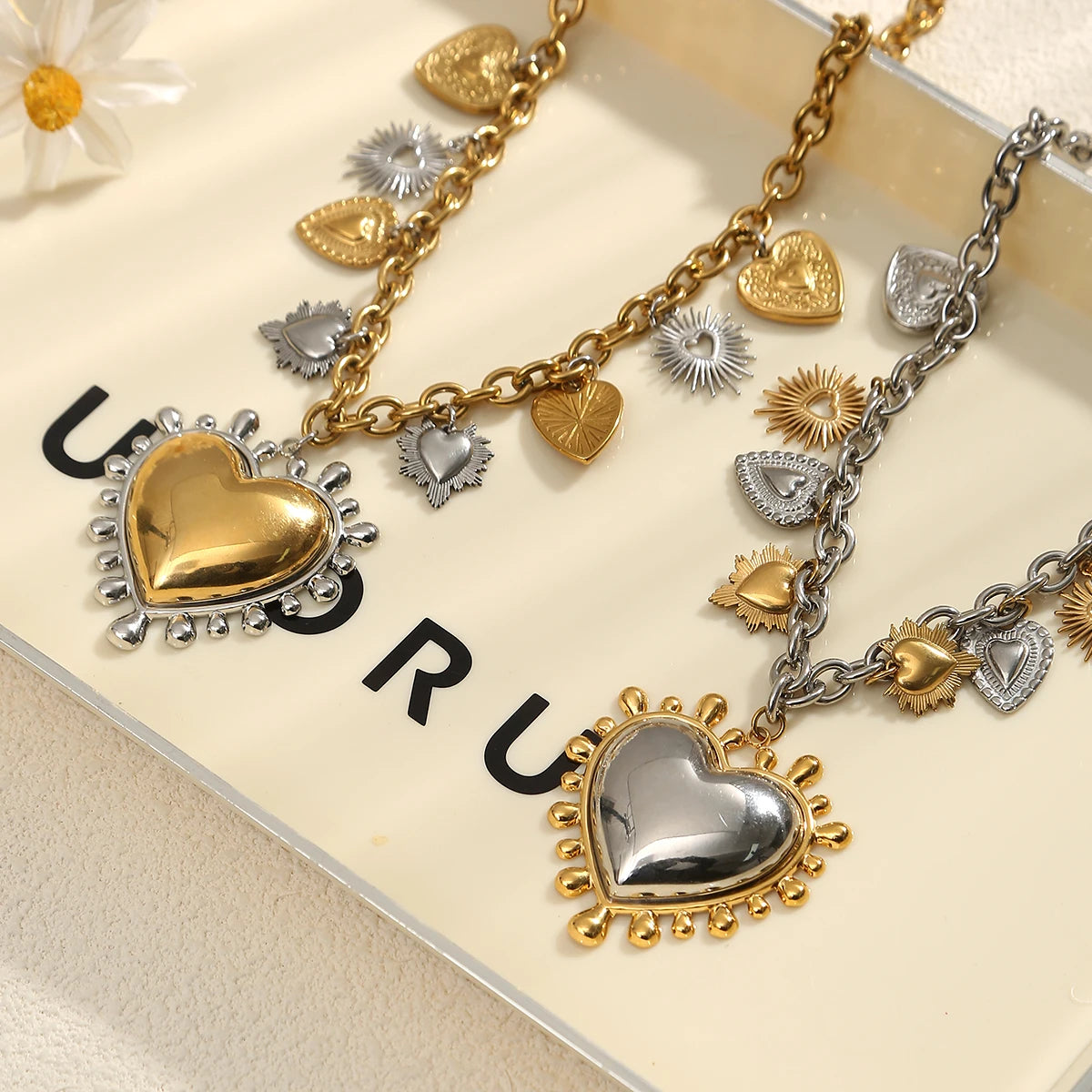Jolivie Stainless Steel Punk Heart Pendants Necklace For Women Bigs Heart Charms Hip-hop Necklace Retro Gothic choker Jewelry