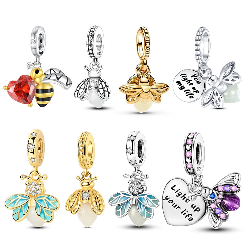 Glow-In-The-Dark Fireflies Pendants 925 Silver Charms Beads Fit 3mm Original Bracelet Necklace Womens DIY Fine Jewelry Gifts Hot