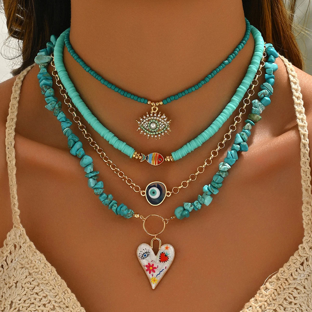 Boho Turquoise Beaded Layered Necklace Evil Eye Heart Charm Pendant Choker Summer Beach Adjustable Women Jewelry
