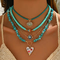 Boho Turquoise Beaded Layered Necklace Evil Eye Heart Charm Pendant Choker Summer Beach Adjustable Women Jewelry