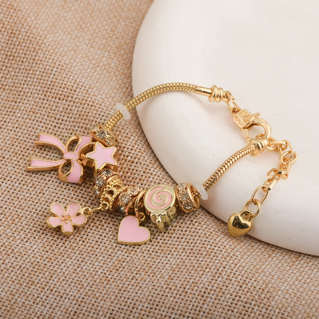 Adjustable Pink Heart Shaped DIY Bracelet Featuring Bow and Heart Charm Suitable for Everyday Wear or as a Valentine's Day Gift
