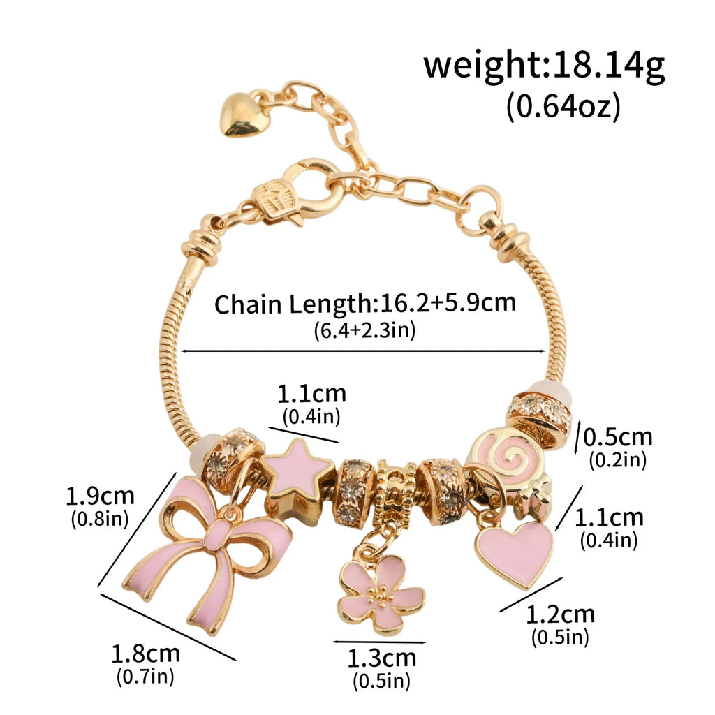 Adjustable Pink Heart Shaped DIY Bracelet Featuring Bow and Heart Charm Suitable for Everyday Wear or as a Valentine's Day Gift