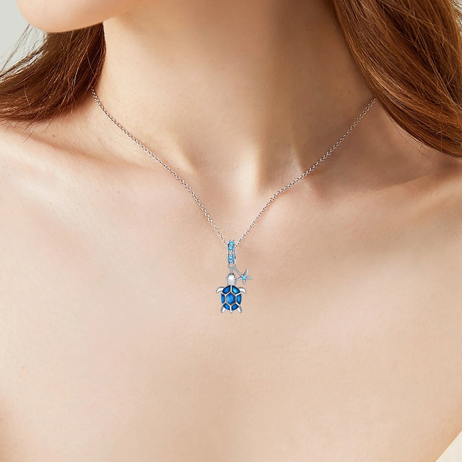 925 Sterling Silver Ocean Blue Gradient Turtle Dangle Charm Starfish Pendant Bead Fit Bracelet Summer Beach Travel Jewelry Gift