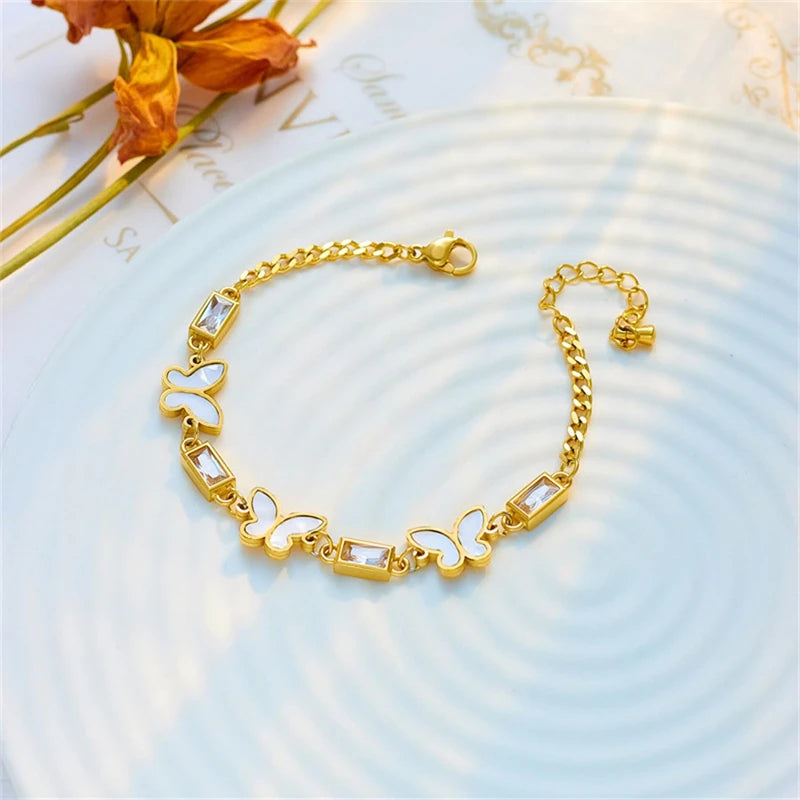 316L Stainless Steel New Crystal Embed Seashells Butterfly Bracelets For Women Fashion Girls Wrist Jewelry Birthday Gifts Bijoux