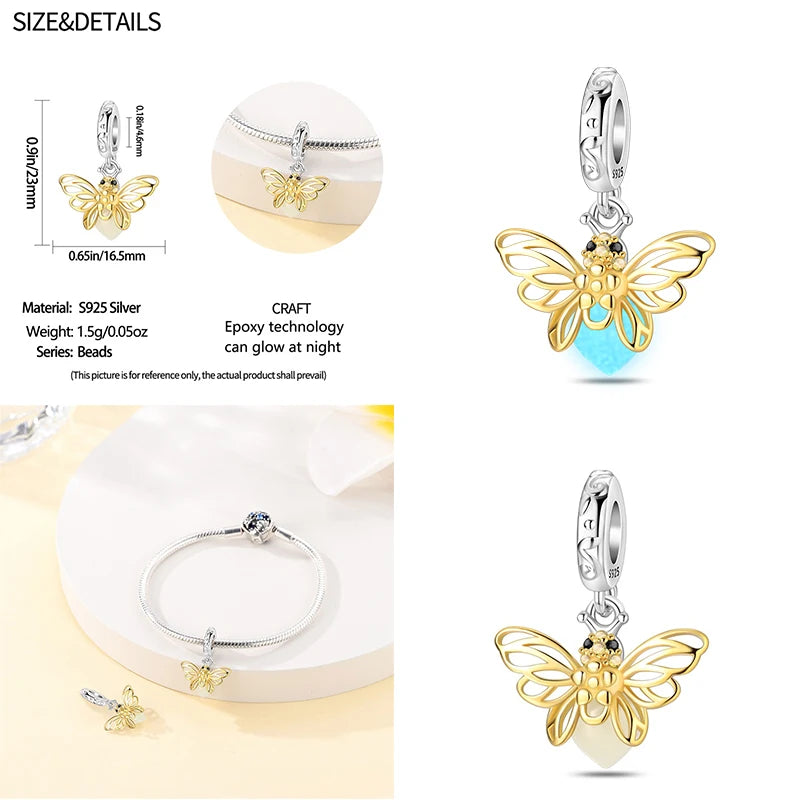 Charms 925 Sterling Silver Luminous Fireflies Pendant Beads Fit Women's Original 925 Bracelets DIY Jewelry Fine Making Gifts Hot