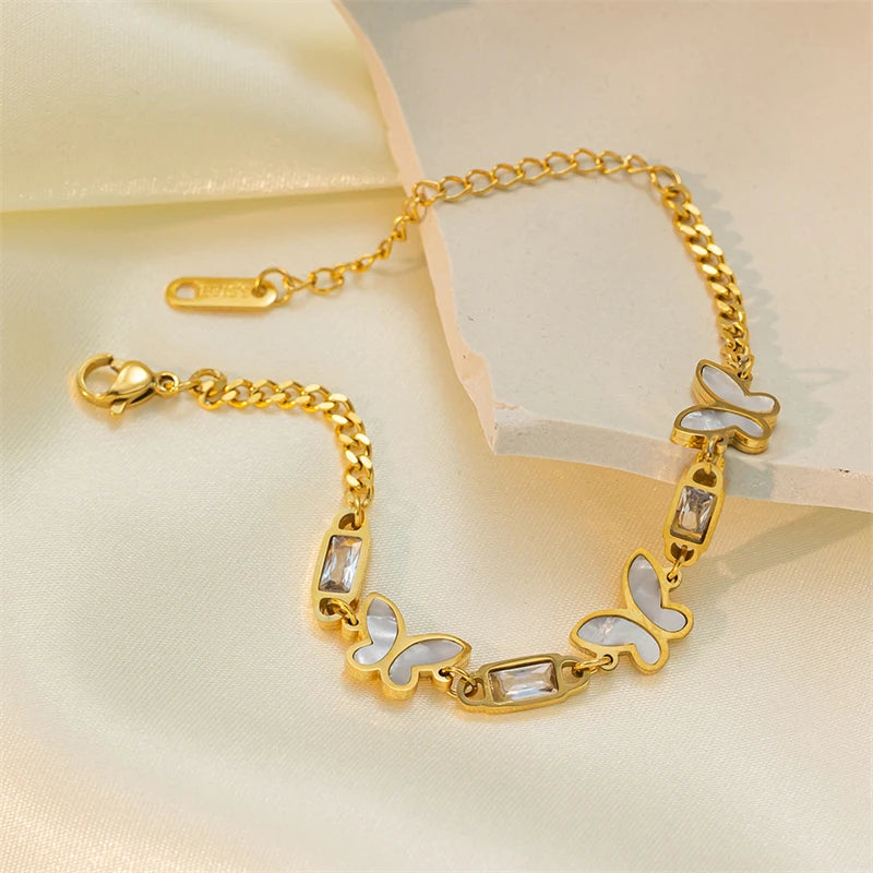 316L Stainless Steel New Crystal Embed Seashells Butterfly Bracelets For Women Fashion Girls Wrist Jewelry Birthday Gifts Bijoux