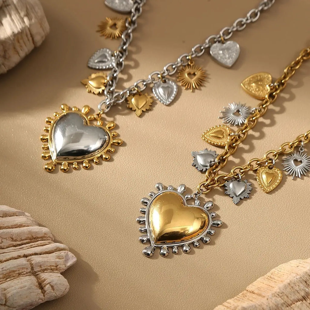 Jolivie Stainless Steel Punk Heart Pendants Necklace For Women Bigs Heart Charms Hip-hop Necklace Retro Gothic choker Jewelry