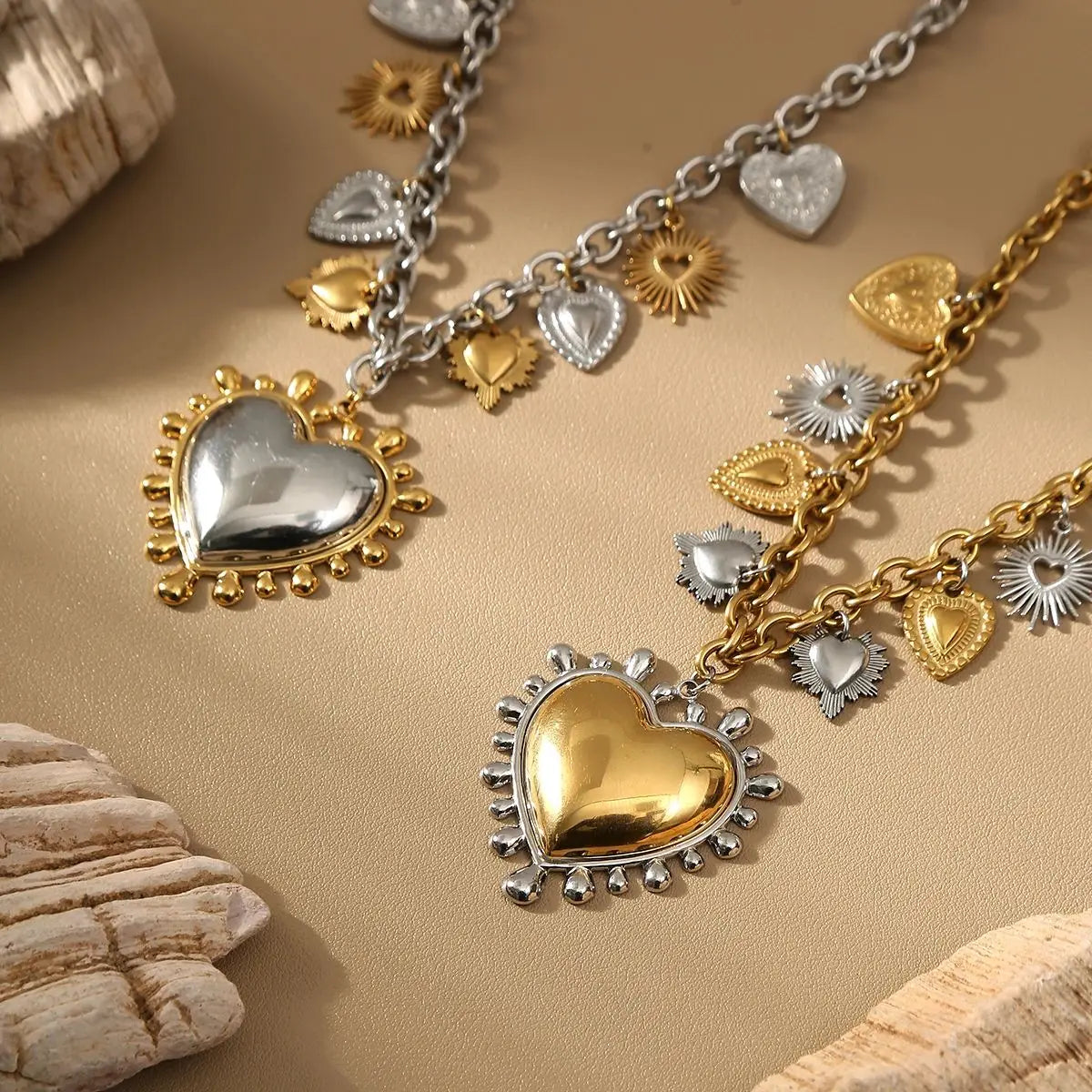 Jolivie Stainless Steel Punk Heart Pendants Necklace For Women Bigs Heart Charms Hip-hop Necklace Retro Gothic choker Jewelry