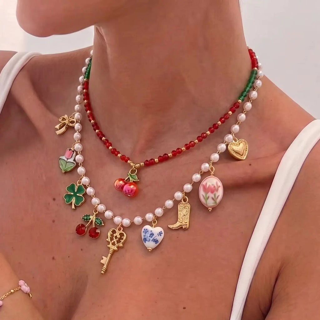 Multi Charms Beaded Choker Necklace Imitation Pearl Red Cherry Tulip Heart    Pendant Necklace Women Vintage Sweet Neck Jewelry