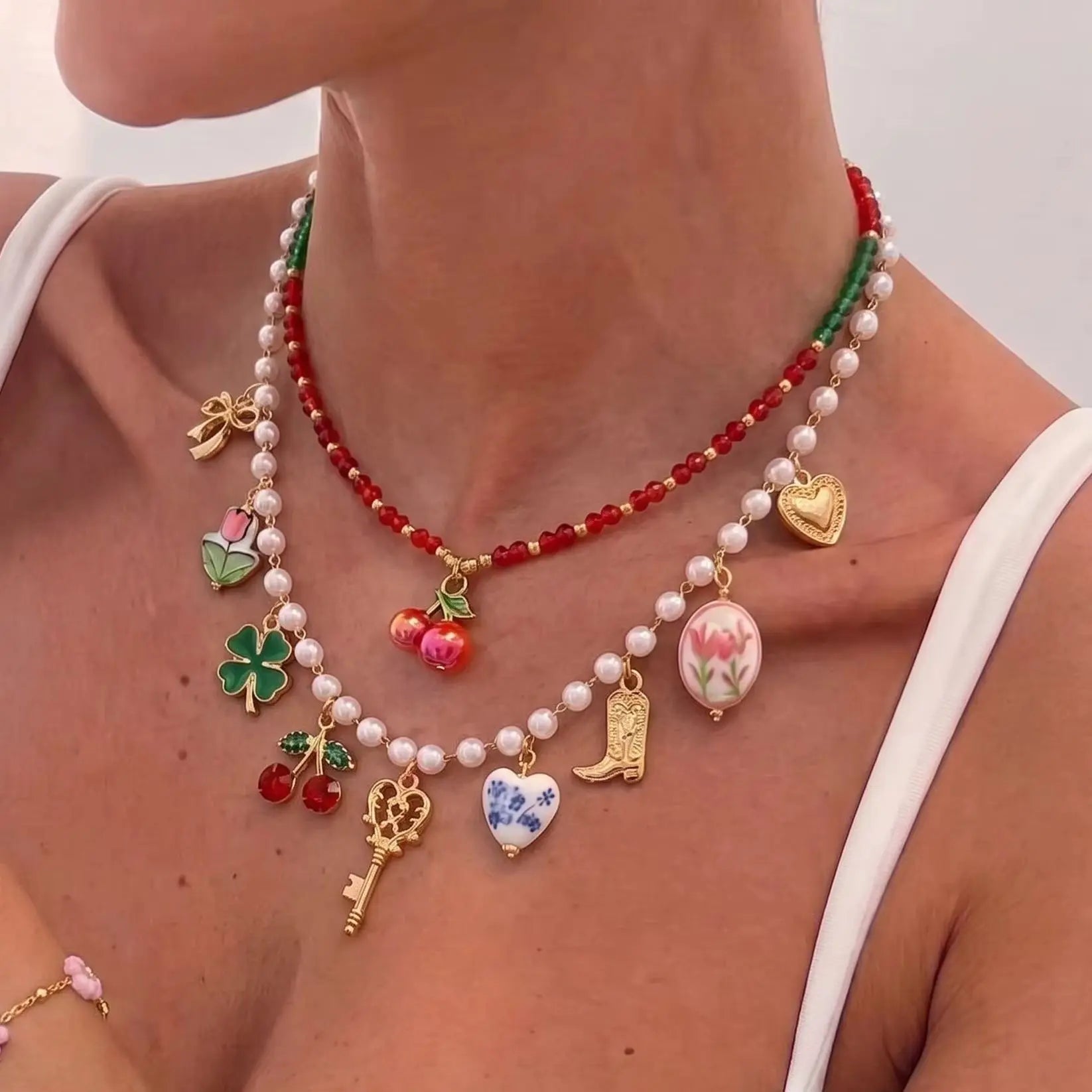 Multi Charms Beaded Choker Necklace Imitation Pearl Red Cherry Tulip Heart    Pendant Necklace Women Vintage Sweet Neck Jewelry