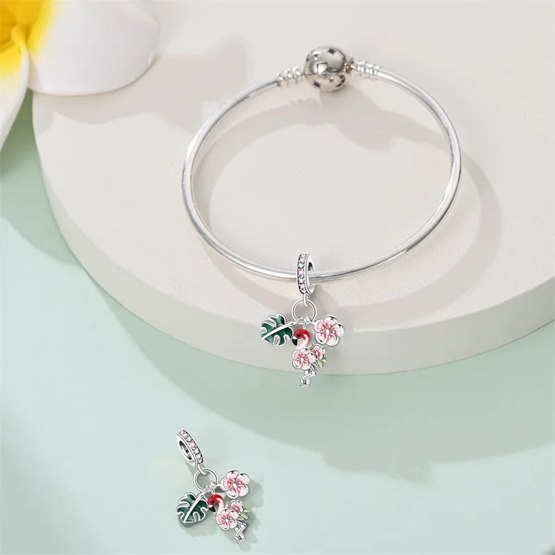 925 Sterling Silver Flamingo Flowers Charms Pendant For Women Fit Original Bracelet DIY Birthday Party Jewelry Gifts
