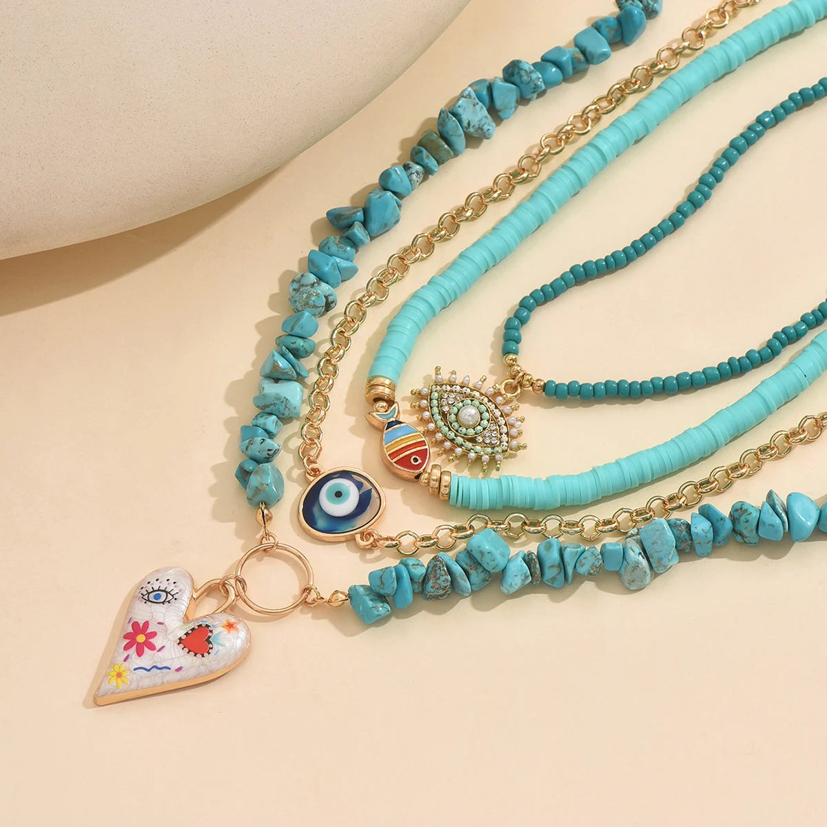 Boho Turquoise Beaded Layered Necklace Evil Eye Heart Charm Pendant Choker Summer Beach Adjustable Women Jewelry