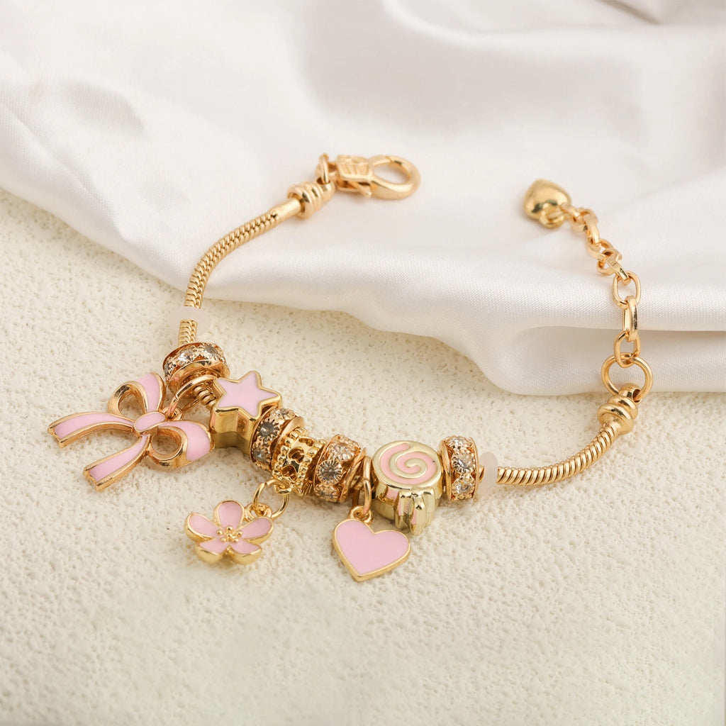 Adjustable Pink Heart Shaped DIY Bracelet Featuring Bow and Heart Charm Suitable for Everyday Wear or as a Valentine's Day Gift