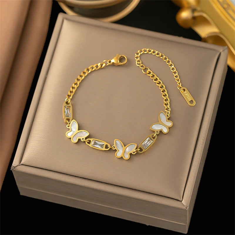 316L Stainless Steel New Crystal Embed Seashells Butterfly Bracelets For Women Fashion Girls Wrist Jewelry Birthday Gifts Bijoux