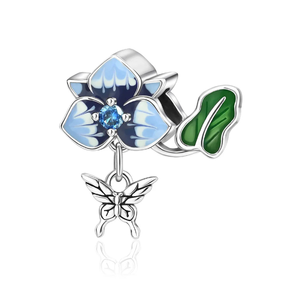 925 Sterling Silver Blue Flower Charms Beads Fit Original Bracelets Bag Keychain Charms Beads Pendant Diy Women Jewelry Gift
