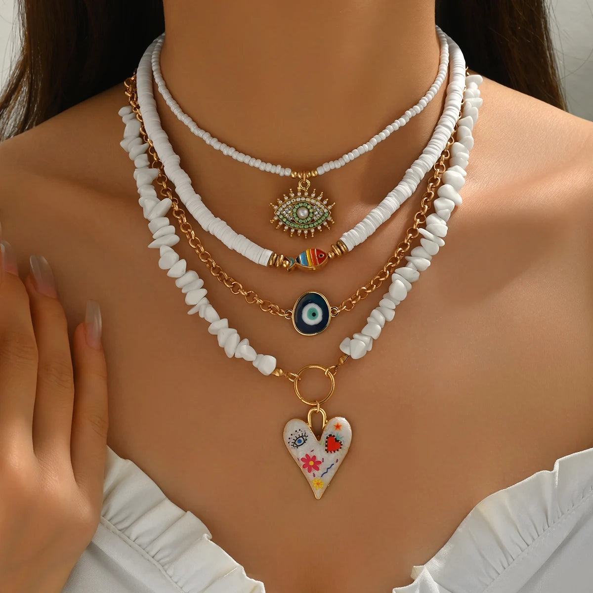 Boho Turquoise Beaded Layered Necklace Evil Eye Heart Charm Pendant Choker Summer Beach Adjustable Women Jewelry