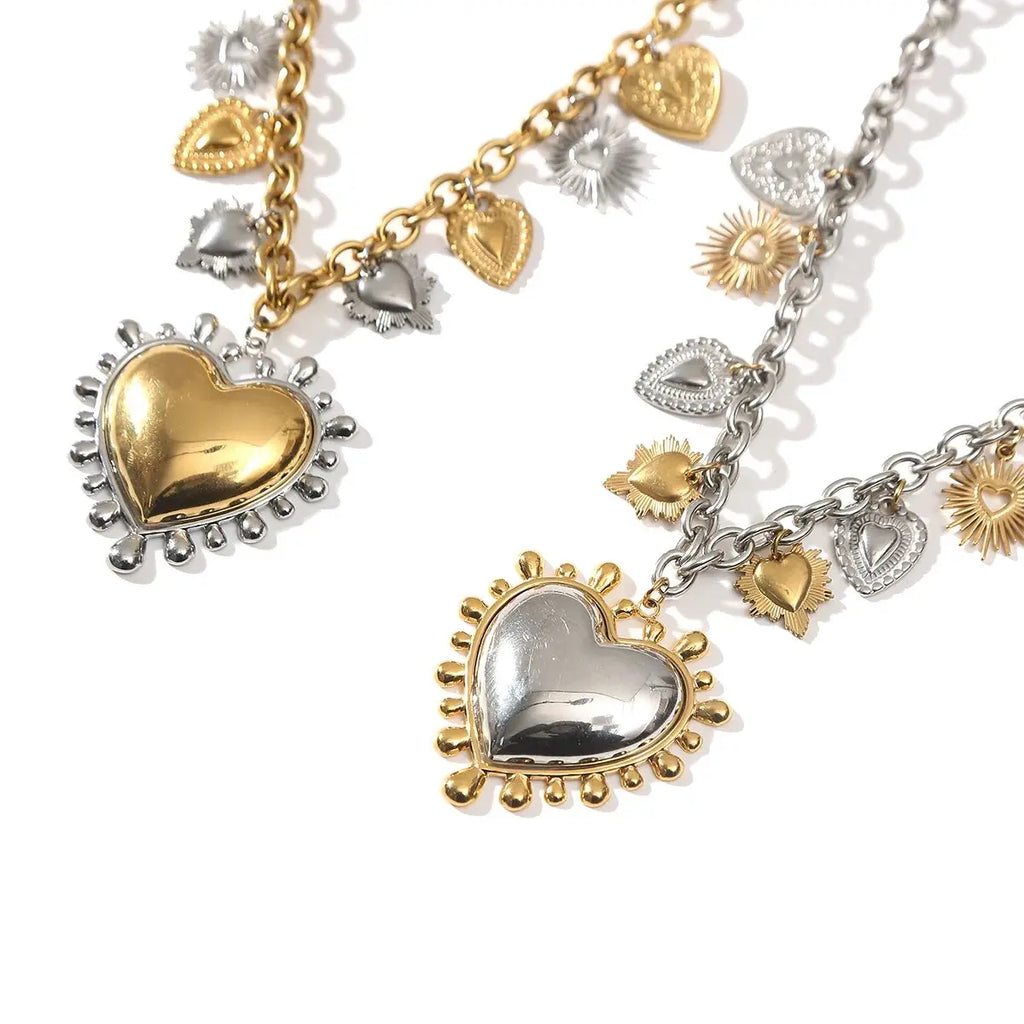 Jolivie Stainless Steel Punk Heart Pendants Necklace For Women Bigs Heart Charms Hip-hop Necklace Retro Gothic choker Jewelry