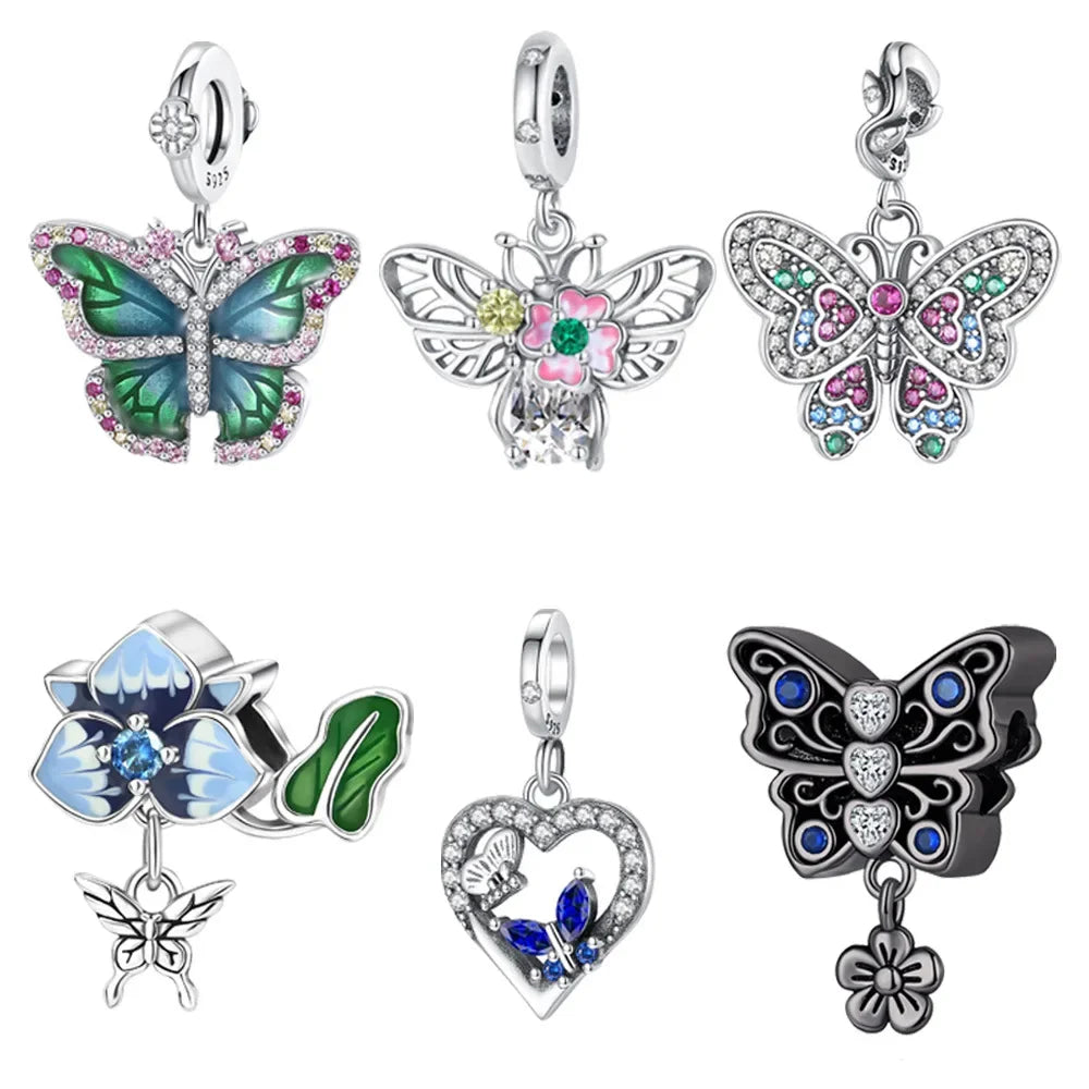 925 Sterling Silver Blue Flower Charms Beads Fit Original Bracelets Bag Keychain Charms Beads Pendant Diy Women Jewelry Gift