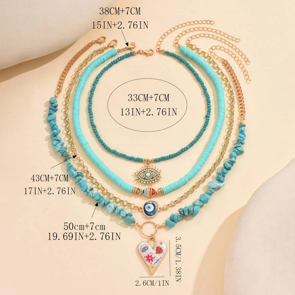Boho Turquoise Beaded Layered Necklace Evil Eye Heart Charm Pendant Choker Summer Beach Adjustable Women Jewelry