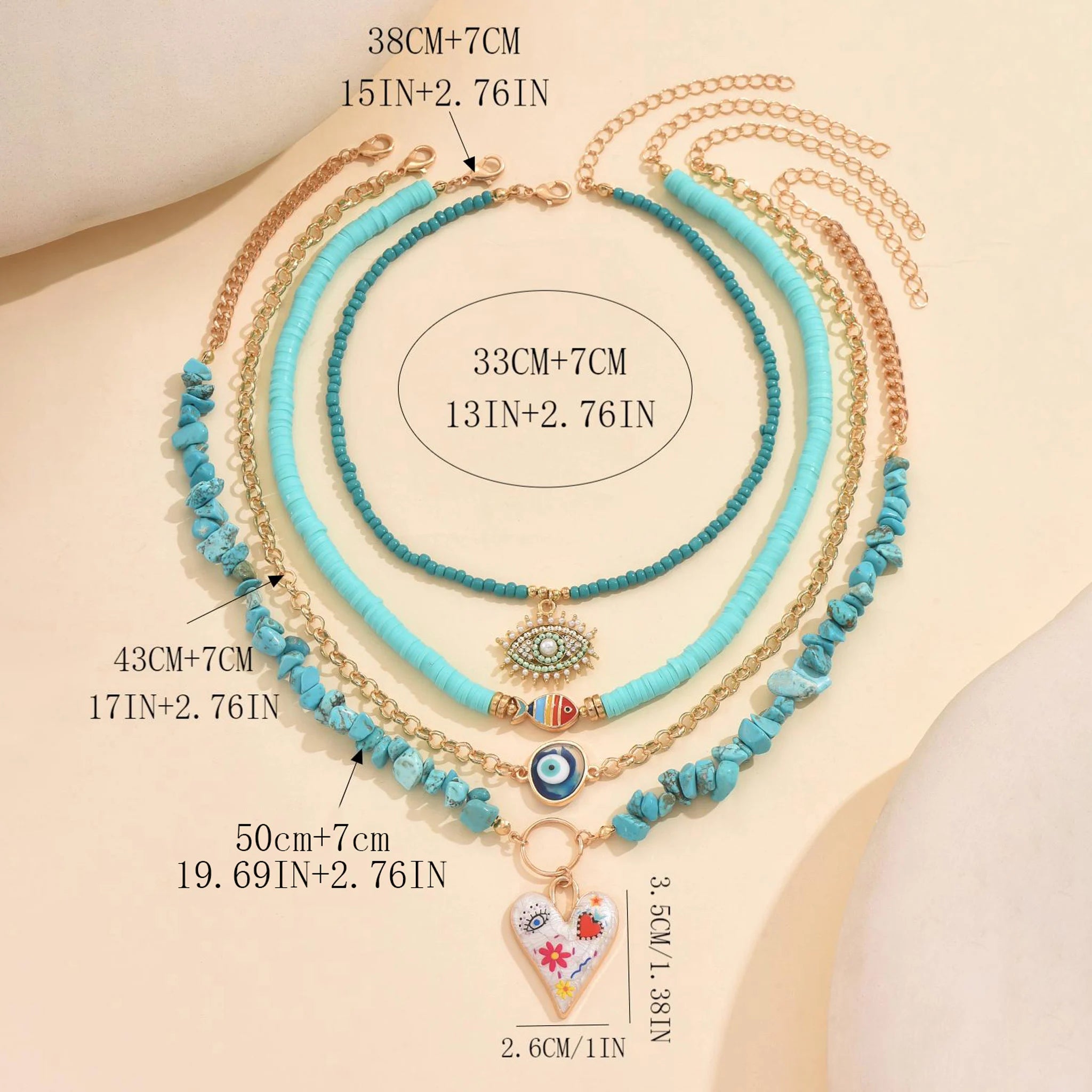 Boho Turquoise Beaded Layered Necklace Evil Eye Heart Charm Pendant Choker Summer Beach Adjustable Women Jewelry