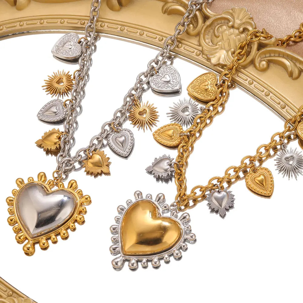 Jolivie Stainless Steel Punk Heart Pendants Necklace For Women Bigs Heart Charms Hip-hop Necklace Retro Gothic choker Jewelry