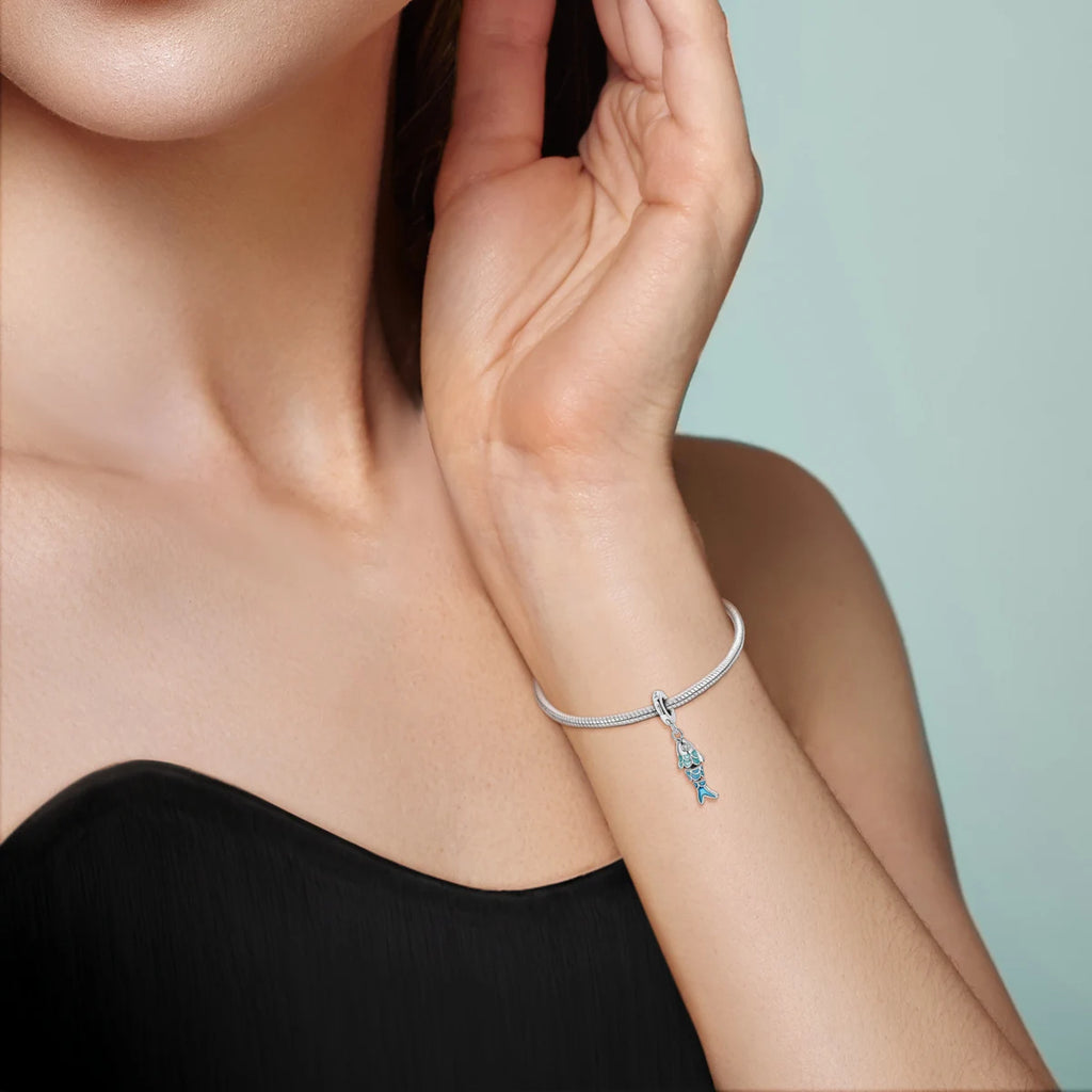 925 Sterling Silver Blue Enamel Fish CZ Charm Fit Women DIY Bracelet Necklace Fashion Jewelry Ocean Animal Pendant Gift