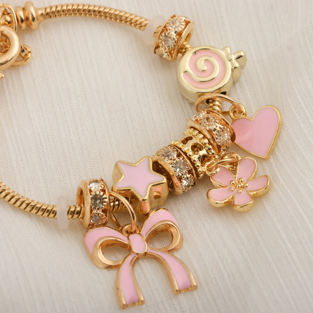 Adjustable Pink Heart Shaped DIY Bracelet Featuring Bow and Heart Charm Suitable for Everyday Wear or as a Valentine's Day Gift