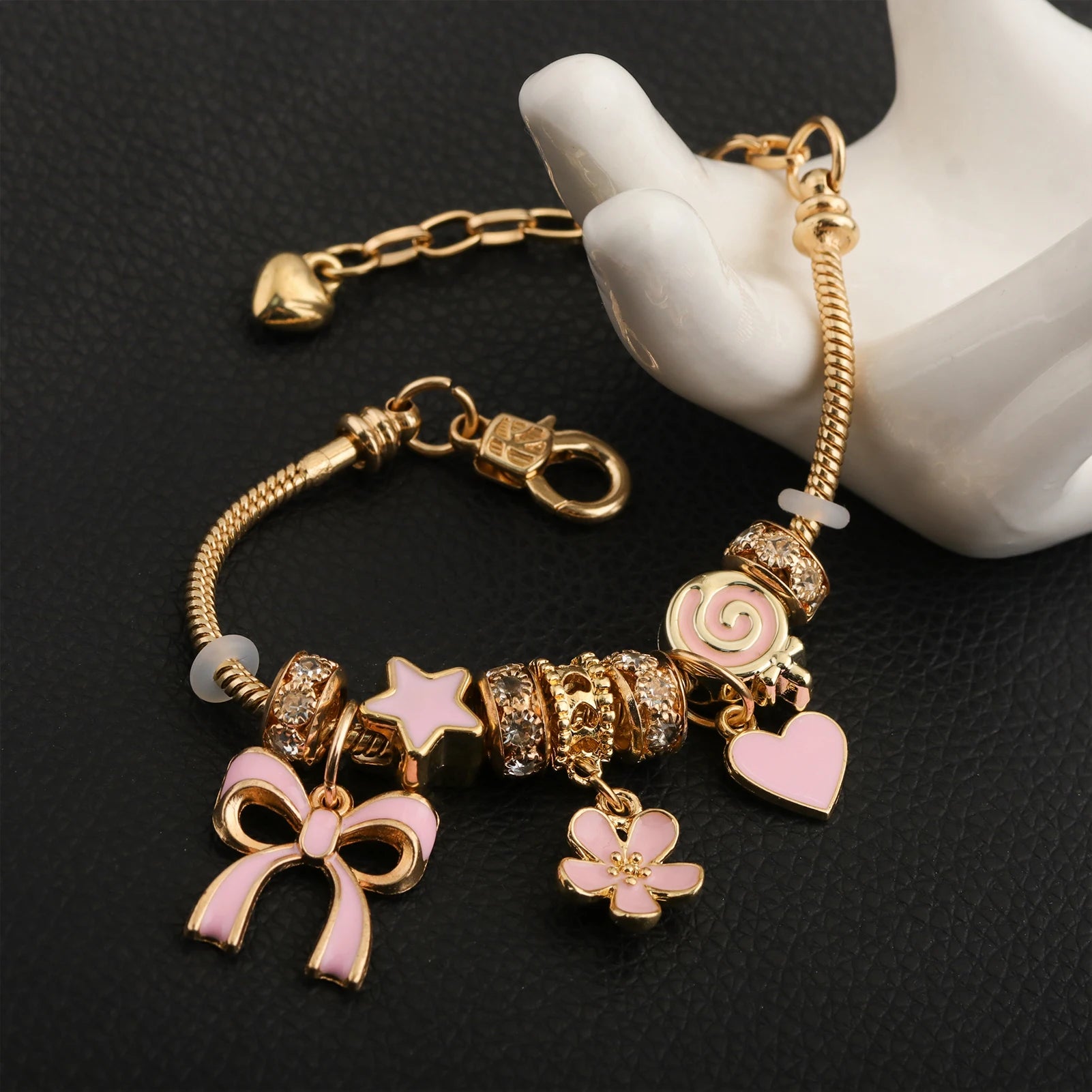 Adjustable Pink Heart Shaped DIY Bracelet Featuring Bow and Heart Charm Suitable for Everyday Wear or as a Valentine's Day Gift