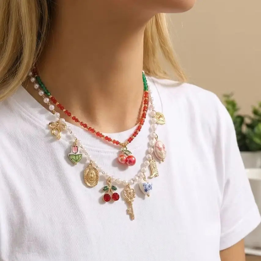 Multi Charms Beaded Choker Necklace Imitation Pearl Red Cherry Tulip Heart    Pendant Necklace Women Vintage Sweet Neck Jewelry