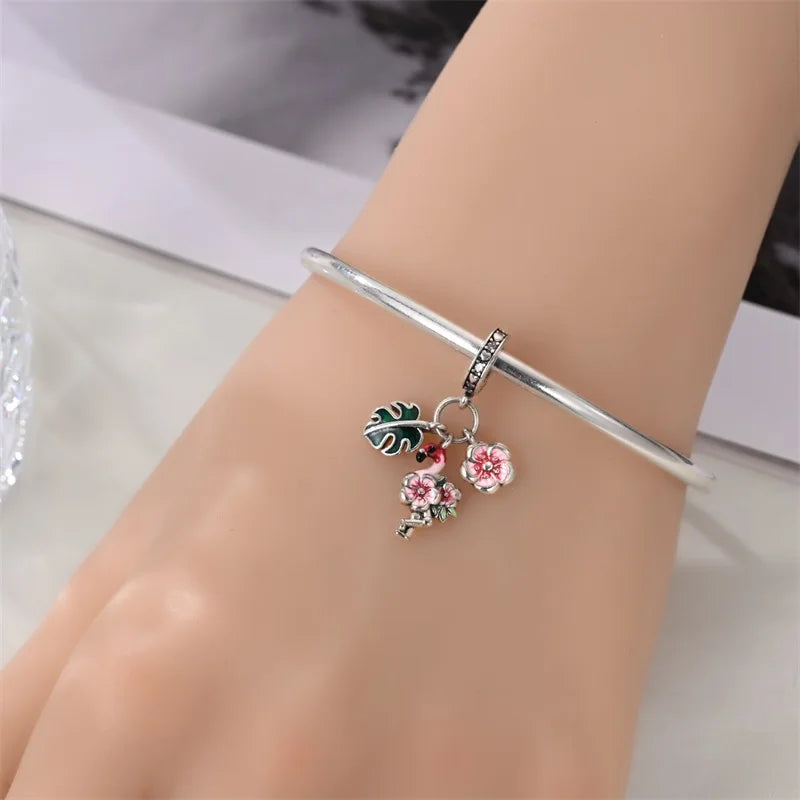 925 Sterling Silver Flamingo Flowers Charms Pendant For Women Fit Original Bracelet DIY Birthday Party Jewelry Gifts