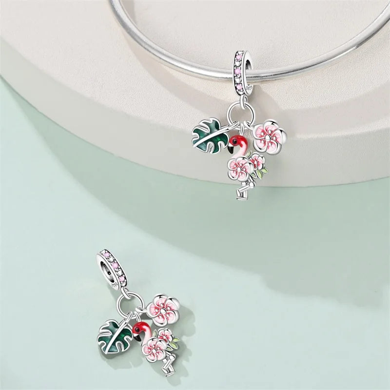 925 Sterling Silver Flamingo Flowers Charms Pendant For Women Fit Original Bracelet DIY Birthday Party Jewelry Gifts