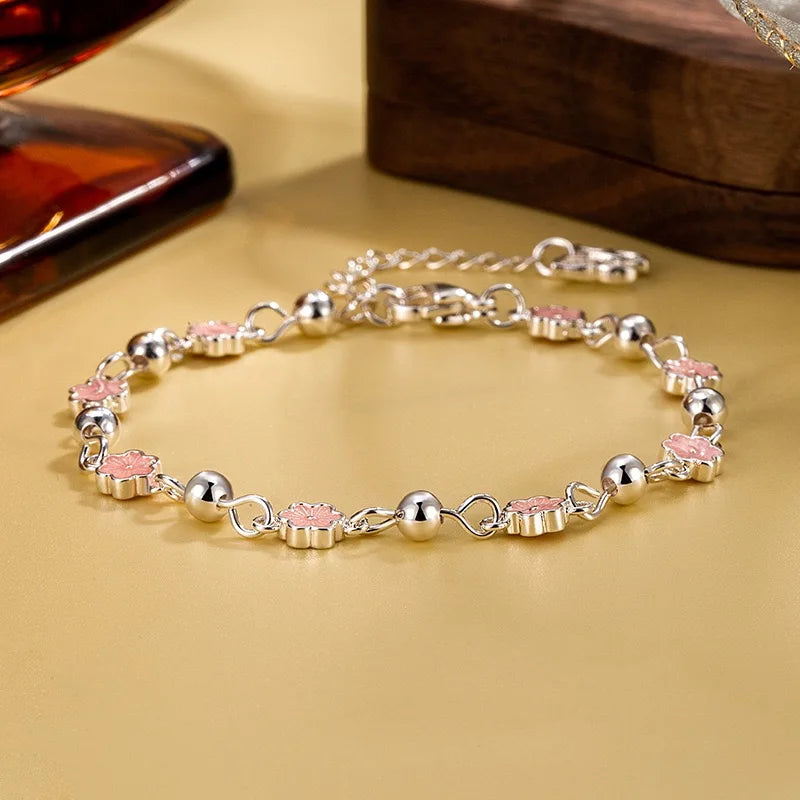 925 Sterling Silver Bracelets for Women Men String Accessories Trend Pink Flower Beads Pendant Party Jewelry Gift