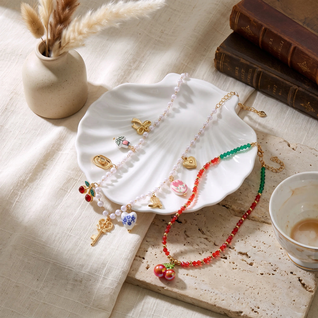 Multi Charms Beaded Choker Necklace Imitation Pearl Red Cherry Tulip Heart    Pendant Necklace Women Vintage Sweet Neck Jewelry