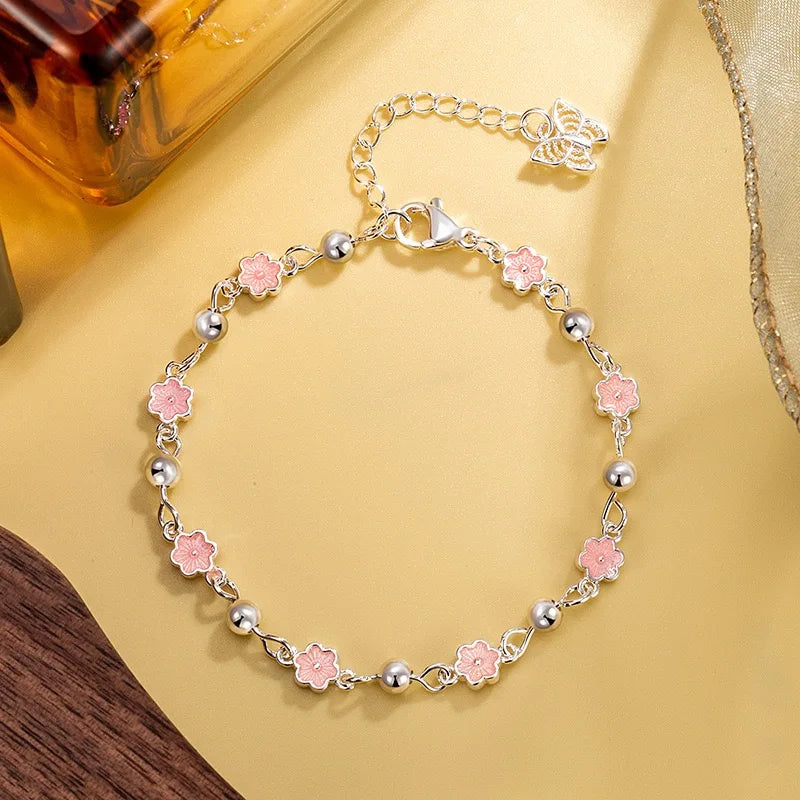 925 Sterling Silver Bracelets for Women Men String Accessories Trend Pink Flower Beads Pendant Party Jewelry Gift