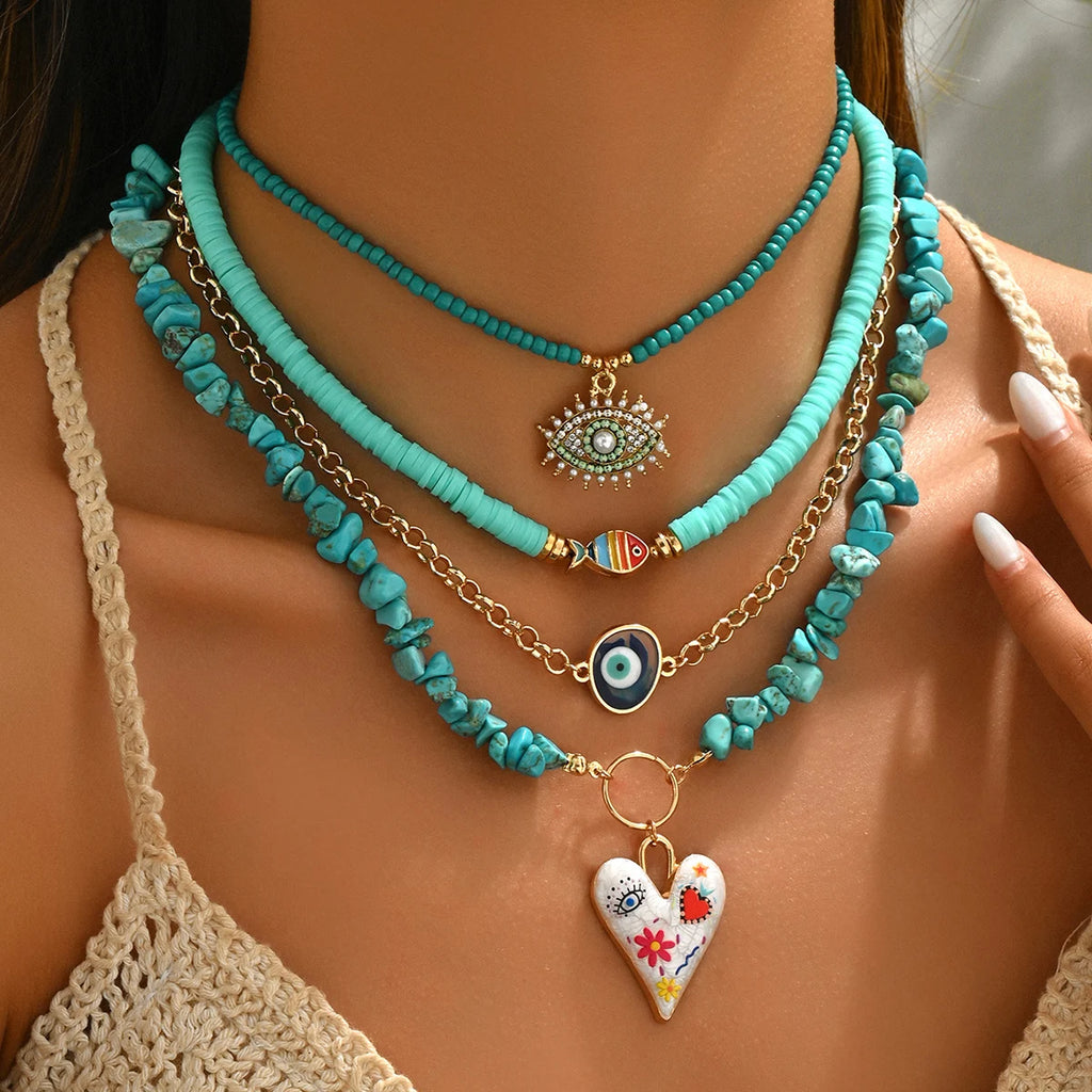 Boho Turquoise Beaded Layered Necklace Evil Eye Heart Charm Pendant Choker Summer Beach Adjustable Women Jewelry