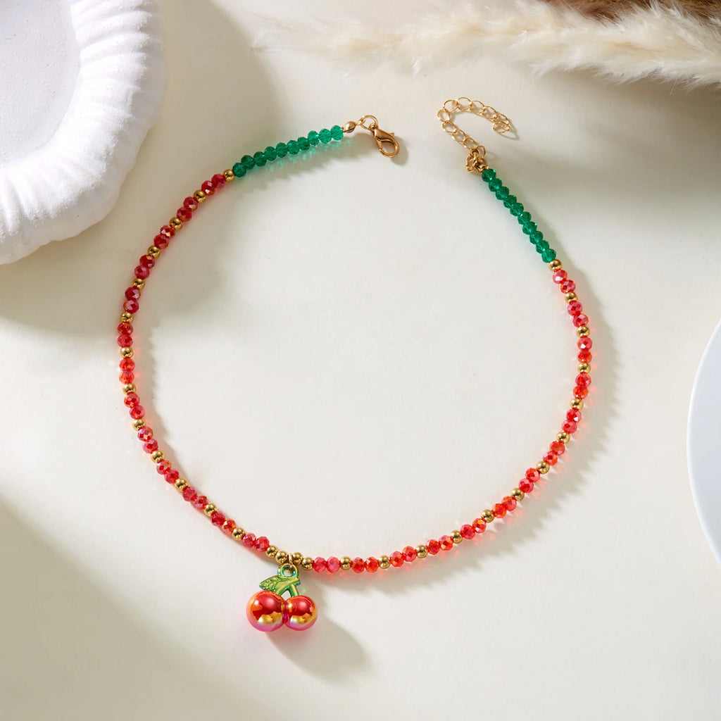 Multi Charms Beaded Choker Necklace Imitation Pearl Red Cherry Tulip Heart    Pendant Necklace Women Vintage Sweet Neck Jewelry
