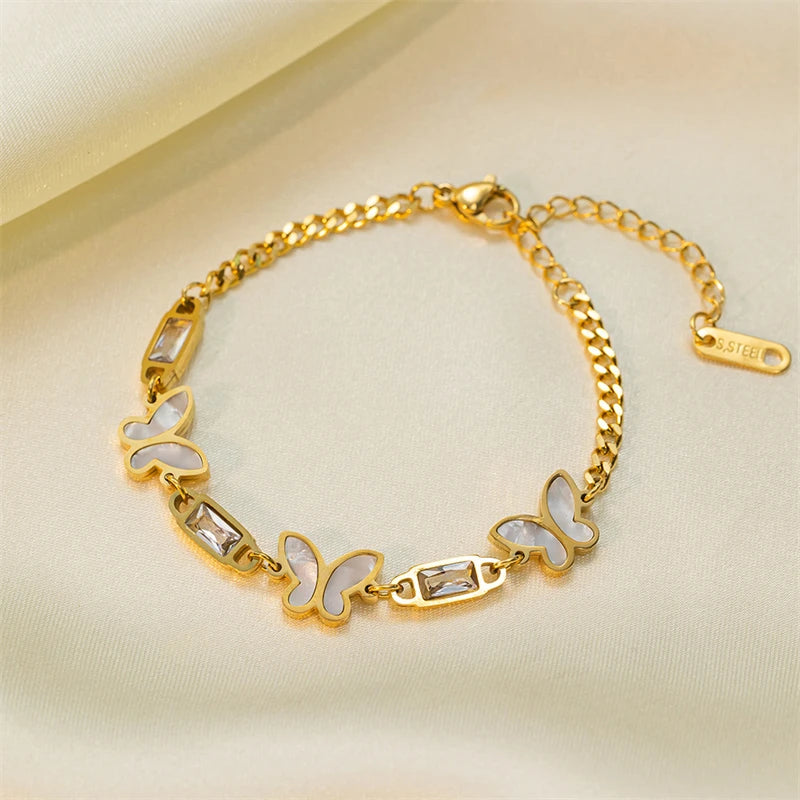 316L Stainless Steel New Crystal Embed Seashells Butterfly Bracelets For Women Fashion Girls Wrist Jewelry Birthday Gifts Bijoux