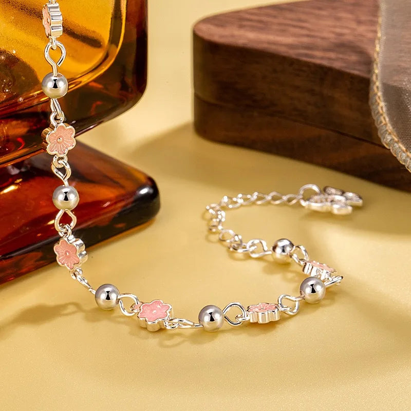 925 Sterling Silver Bracelets for Women Men String Accessories Trend Pink Flower Beads Pendant Party Jewelry Gift