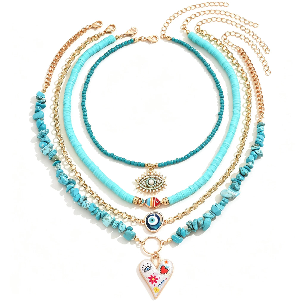 Boho Turquoise Beaded Layered Necklace Evil Eye Heart Charm Pendant Choker Summer Beach Adjustable Women Jewelry