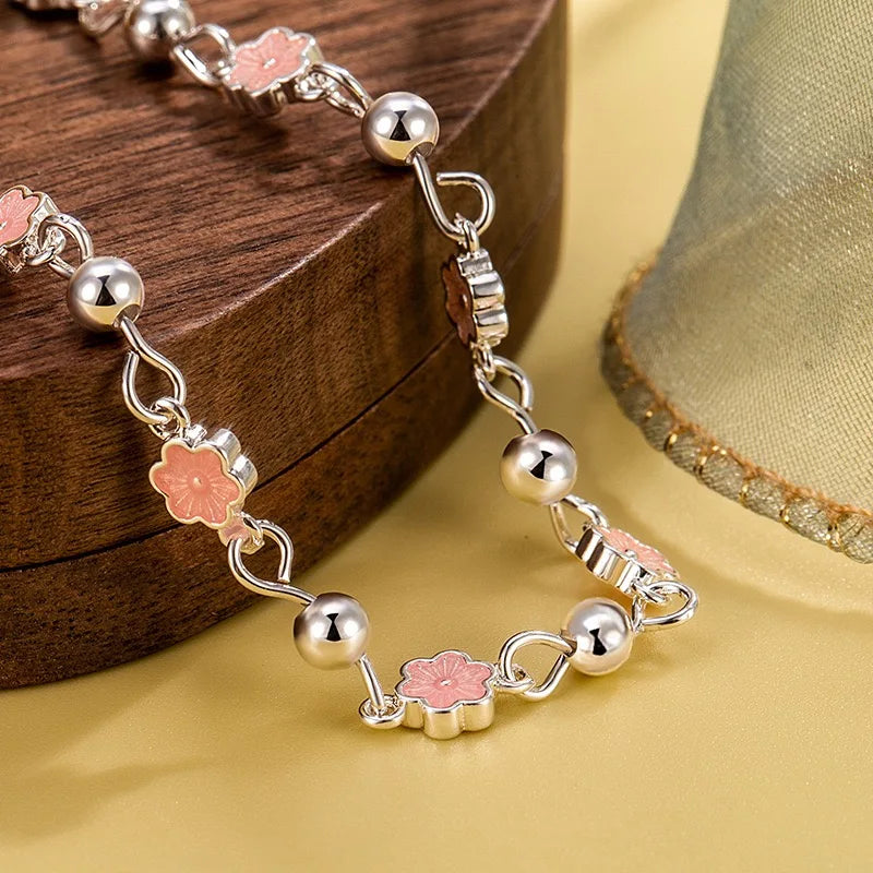 925 Sterling Silver Bracelets for Women Men String Accessories Trend Pink Flower Beads Pendant Party Jewelry Gift