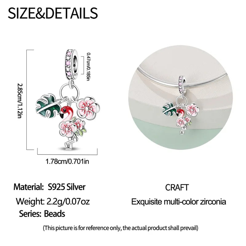 925 Sterling Silver Flamingo Flowers Charms Pendant For Women Fit Original Bracelet DIY Birthday Party Jewelry Gifts